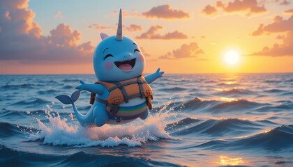 Joyful 3D Rendered Unicorn Narwhal Enjoys Summer Vacation at Sunset, Happy Cartoon Animal Character Playing in Ocean Waves, Cute Whimsical Fantasy Illustration