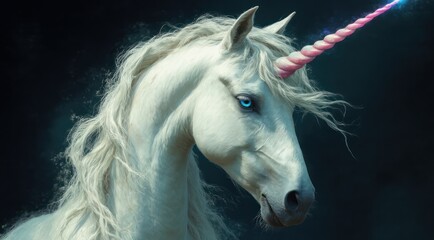 Majestic unicorn with glowing horn in magical, ethereal setting