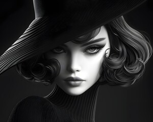 Elegant woman in black hat artistic portrait studio setting dramatic lighting