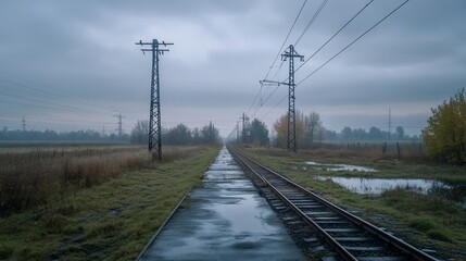 Obraz premium Gloomy Railroad Tracks Stretching into the Foggy Distance