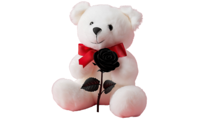 White teddy bear with red ribbon holding a black rose, Valentine's Day theme, product shot, pink background