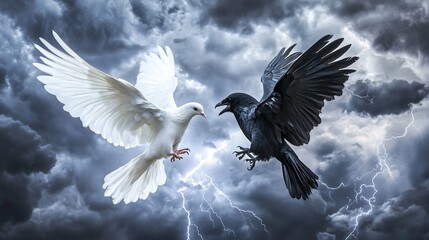 Obraz premium Opposing Forces: A Dove and a Raven Confronting a Storm