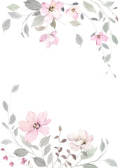 Card of delicate abstract flowers and leaves on branches, watercolor isolated illustration for your text, invitation or greeting cards, elegant floral background with design elements.