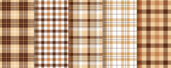 Plaid background. Tartan seamless pattern. Flannel beige brown texture. Lumberjack tablecloth. Set gingham fabrics. Vichy table cloth prints. Shirt textile. Christmas check cloth. Vector illustration