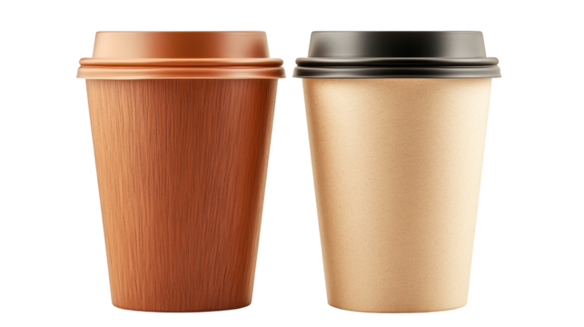 Two coffee cups with lids prepared for travel or commute 