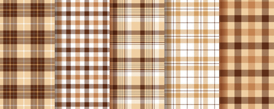 Plaid background. Tartan seamless pattern. Flannel beige brown texture. Lumberjack tablecloth. Set gingham fabrics. Vichy table cloth prints. Shirt textile. Christmas check cloth. Vector illustration