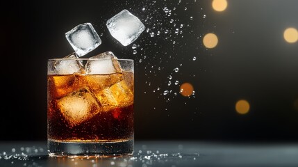 Glass of ice cold beer with ice cubes in it. The ice cubes are falling into the glass, creating a fun and playful atmosphere