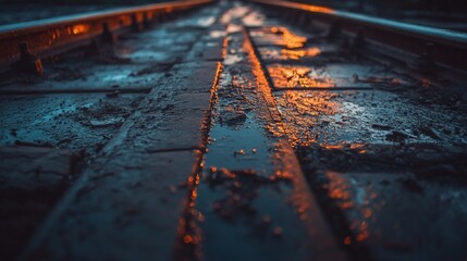 Moody Railroad Tracks at Dusk: A Glimmer of Orange Amidst the Dark