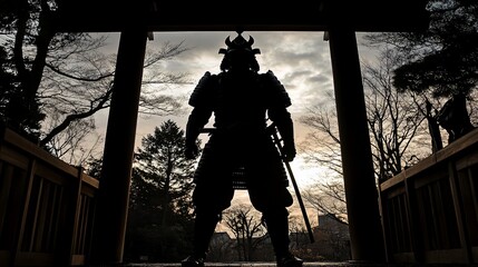 Silhouette of a Samurai Warrior at Sunset