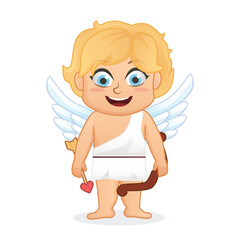 Cupid Chibi character vector in 2d cartoon cute style blonde hair and wings handling a bow of love perfect for valentine design asset of illustration for cover of kids book