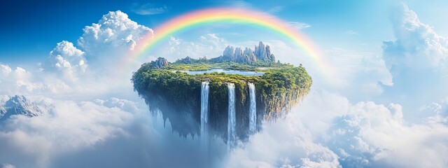 A captivating view of an isolated floating island in the sky with cascading waterfalls and a rare rainbow forming a complete circle, Floating island scene, Cascading waterfalls style