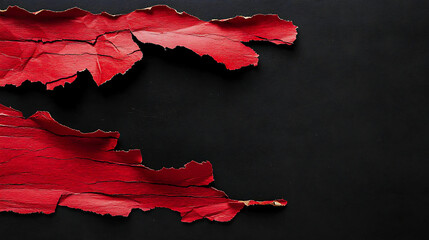 A horizontal strip of red torn paper exposing a black background with dramatic contrast, rugged edges, and a strong visual impact highlighting bold textures.