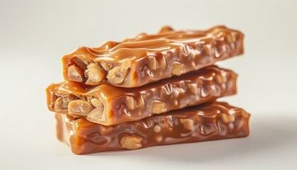 A stack of four peanut brittle candy bars with caramel coating, isolated on white background.