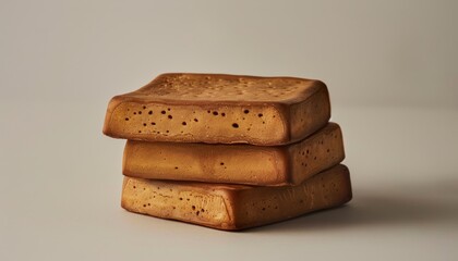 A stack of four crispy fried tofu squares on a light grey background.
