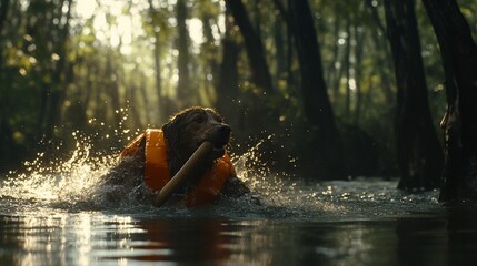 Fototapeta premium Golden Retriever's Joyful Swim in a Forest Stream