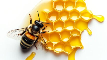 Bee is hovering over a honeycomb. The honeycomb is full of honey and the bee is surrounded by it