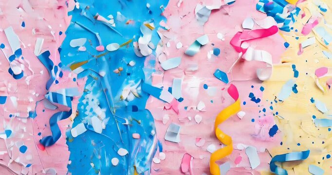 Abstract vibrant multicolor paint background with festive confetti. Abstract colorful painted texture and pattern for greeting card. Birthday holiday celebration background. Top view