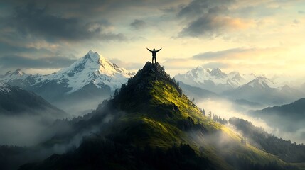 Triumphant Entrepreneur Standing Atop Majestic Snow Capped Alpine Peak Surrounded by Natural Beauty Cinematic Wide Angle Landscape Serene Wilderness Inspiring Scenic Vista