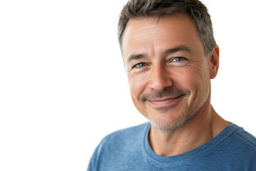 Fototapeta premium Smiling man in a blue shirt looks at the camera, isolated on a transparent background. Crisp, detailed, and professional portrait. 4K quality.