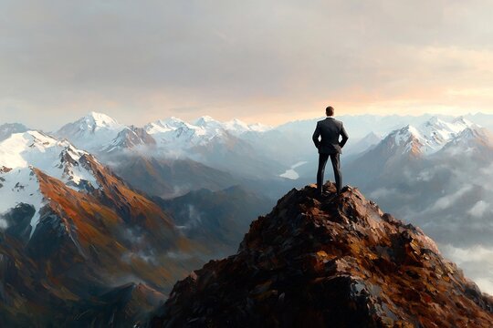 Confident businessman in sharp suit stands victoriously on the rugged mountainside with sweeping vistas of snow capped peaks in the distance  The cinematic composition oil painting technique
