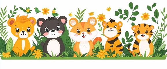 Fototapeta premium Adorable cartoon animals in a lush green garden.