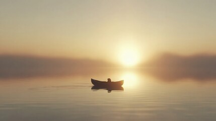 Solitude at Sunrise: A lone boat on a tranquil lake, bathed in the warm glow of the morning sun, creating a serene and peaceful atmosphere.