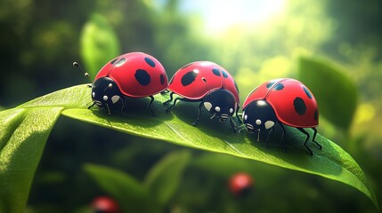 Fototapeta premium Three ladybugs are on a leaf. The ladybugs are red and black. The leaf is green