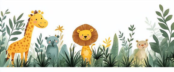 Cute safari animals in jungle foliage.