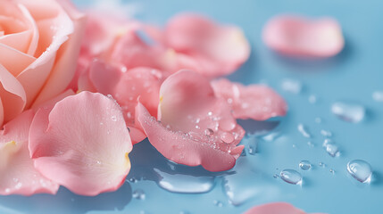 Soft pink rose petals scattered on blue surface, glistening with water droplets, create serene and tranquil atmosphere