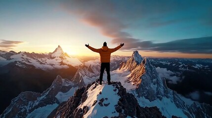 Confident mountaineer stands triumphantly atop a snowy peak arms outstretched surveying the breathtaking panoramic view of the dramatic