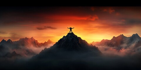 Intrepid explorer stands triumphantly at the peak of a majestic mountain range silhouetted against a vibrant dramatic sunset sky  Arms outstretched in a pose of victory