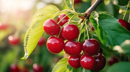 Obraz premium Ripe cherries on branch, orchard sunlight, summer harvest, food background.