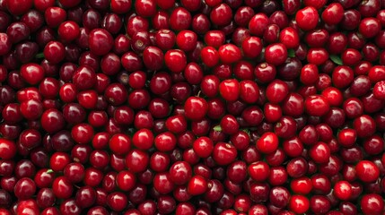 Red cherries, close-up view, abundant harvest, food background.