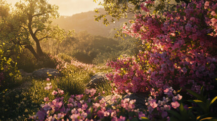 Spring Blossom Medley: Mountain Peach, Cherry, and Peach Flowers bathed in Gentle Sunlight, Embracing Nature's Beauty