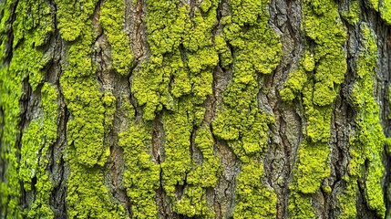 Vibrant Green Moss Covering Tree Bark Texture