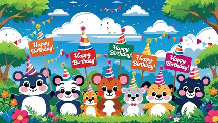 Naklejka premium Adorable Animals Celebrate Birthday Party Outdoors