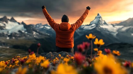 Triumphant hiker celebrates on alpine summit overlooking dramatic mountain panorama with snow capped peaks vibrant wildflowers and cinematic golden hour lighting