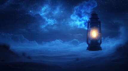 Glowing lantern in a desert at night.