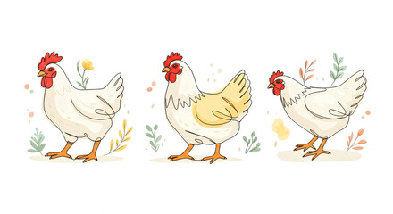 Fototapeta premium Illustrated Trio of Chickens with Floral Background in Pastel Hues