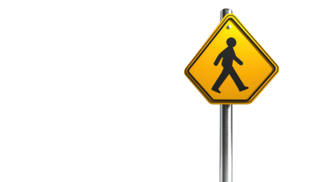 Illuminated yellow pedestrian sign on a contrasting dark background for safe crossing