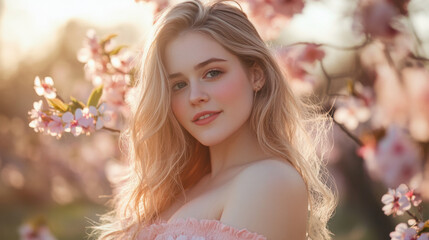 Fototapeta premium Spring Blossom Medley: Mountain Peach, Cherry, and Peach Flowers bathed in Gentle Sunlight, Embracing Nature's Beauty
