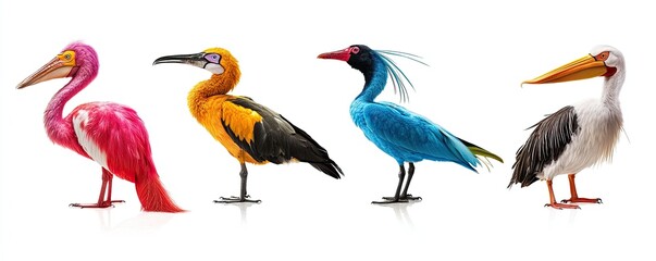 Obraz premium Vibrant Colorful Birds Displayed Against White Background