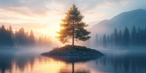 Fototapeta premium Tranquil sunrise over misty lake nature landscape photography serene environment peaceful viewpoint capturing natural beauty