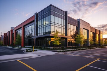 Modern Commercial Building with Glass Facade at Sunset Illuminating the Urban Landscape and Surrounding Greenery