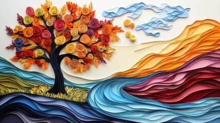 A paper craft painting, a tree with delicate torn paper leaves, a river flowing between paper hills, and a clear sky with clouds made of intricate paper cutouts.