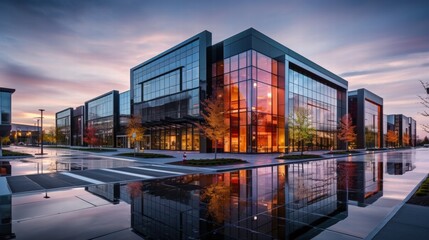 Obraz premium Stunning Modern Office Complex at Sunset with Reflective Glass Facades and Colorful Tree Accents Showcasing Urban Architecture and Design