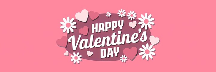 A creative minimalist Valentine's Day poster design with a floral theme. The poster has a pink background with white text that says "Happy Valentine's Day". There are white hearts with pink accents.