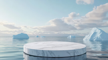 3D rendering of a white marble product podium on a water surface with icebergs in the ocean and a sky background