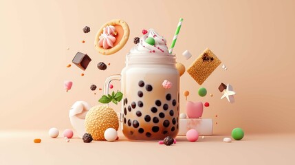 Creamy Iced Bubble Tea Drink Surrounded by Colorful Treats and Toppings
