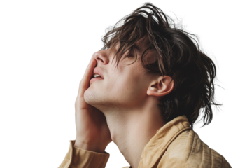 Young man with a toothache, holding his face and screaming in pain. Isolated on a transparent background, 3/4 view, suffering from mouth or jaw pain.